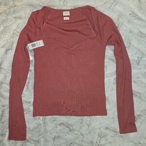 Aritzia Wilfred Rosy Red Ribbed V-Neck Top - Small NWT